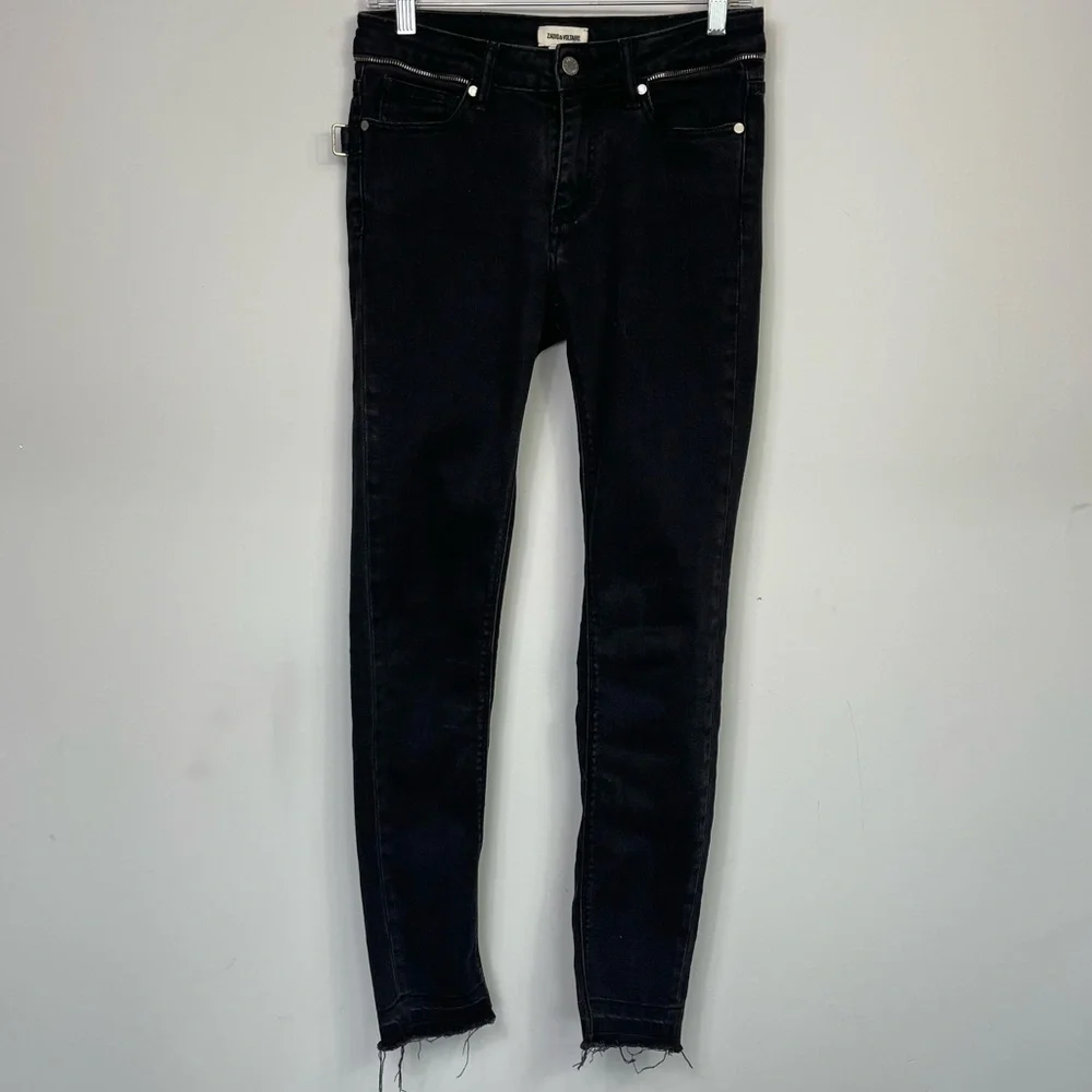 Zadig & Voltaire Paris Eva Zip Jeans Raw Released Hem Slim Skinny Black 27 - Picture 7 of 16